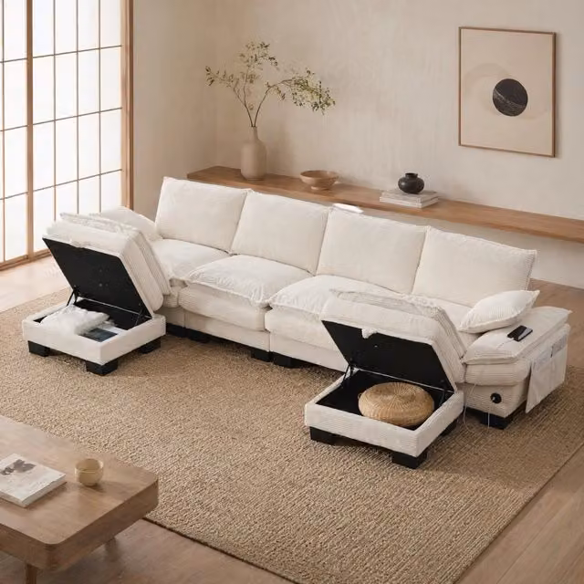 Divano modulare REDOM a 4 posti in velluto a coste beige con 2 pouf, L/P/H: 330 x 132 x 84 cm