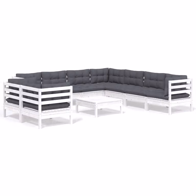 Set Divani da Giardino 10 pz con Cuscini Bianchi Legno di Pino