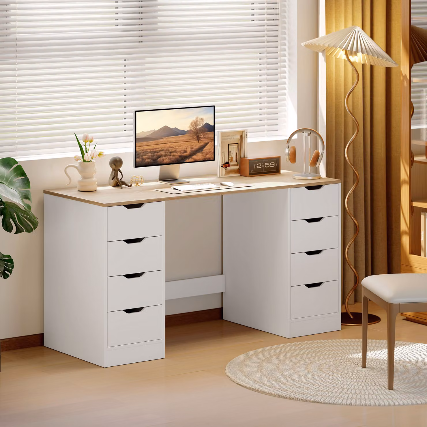Scrivania da ufficio moderna HOMCOM con 8 cassetti, Bianco e Legno naturale, L: 140 cm, P: 38 cm – 2