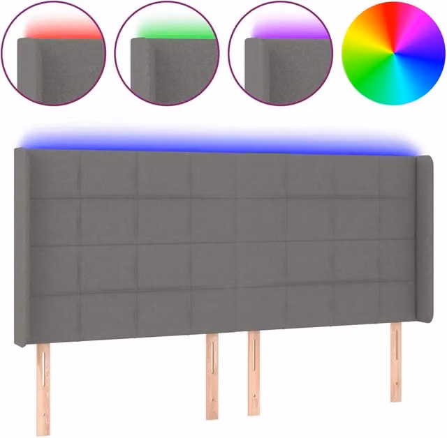 Testata del letto moderna con illuminazione LED e porta di ricarica USB in tessuto grigio, L: 163 cm, P: 16 cm, H: 118/128 cm – 1