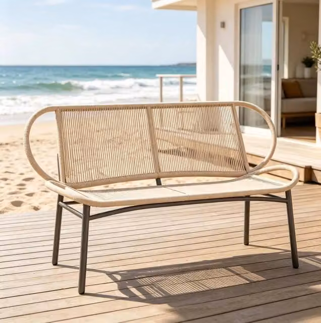 Panca da giardino ULEVR a 2 posti 138x62x83 cm in rattan PE e metallo, naturale e nero