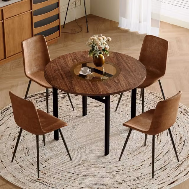 Set da pranzo MIVRAY composto da tavolo rotondo in MDF e vetro con 4 sedie in tessuto tecnico marrone e nero