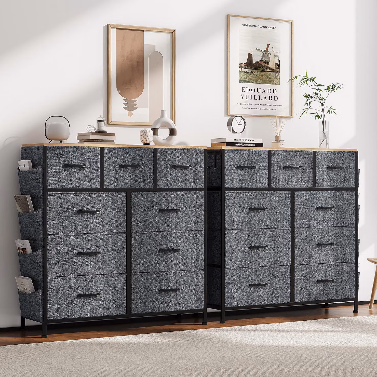 Cassettiera Fortuna Lai con 9 cassetti in tessuto, cassettiera con tasche laterali e ganci, piano in legno e struttura in metallo, cassettiera in tessuto per camera da letto, soggiorno, corridoio, camera dei bambini