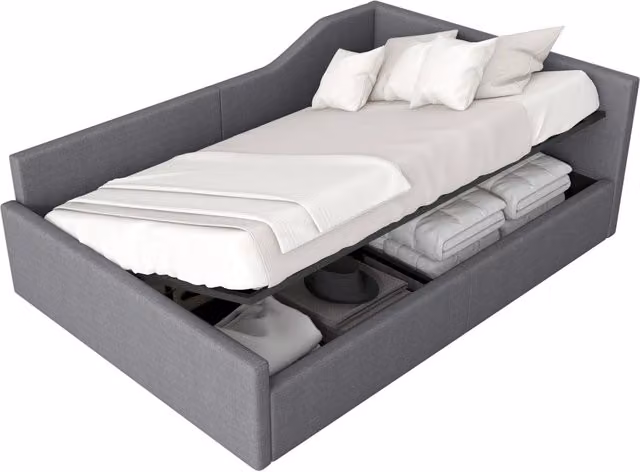 Letto imbottito moderno Chicfurn con contenitore e testiera in tessuto grigio L/P: 140 x 200 cm