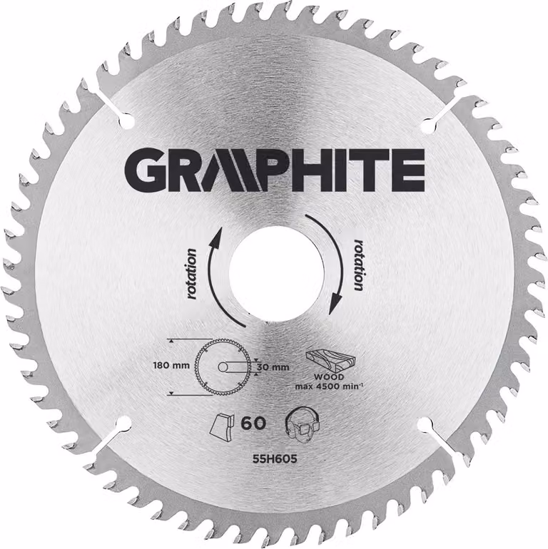 Lama circolare GRAPHITE Widia 180 x 30 mm, 60 denti per il taglio di legno e materiali a base di legno come compensato, truciolato, MDF.