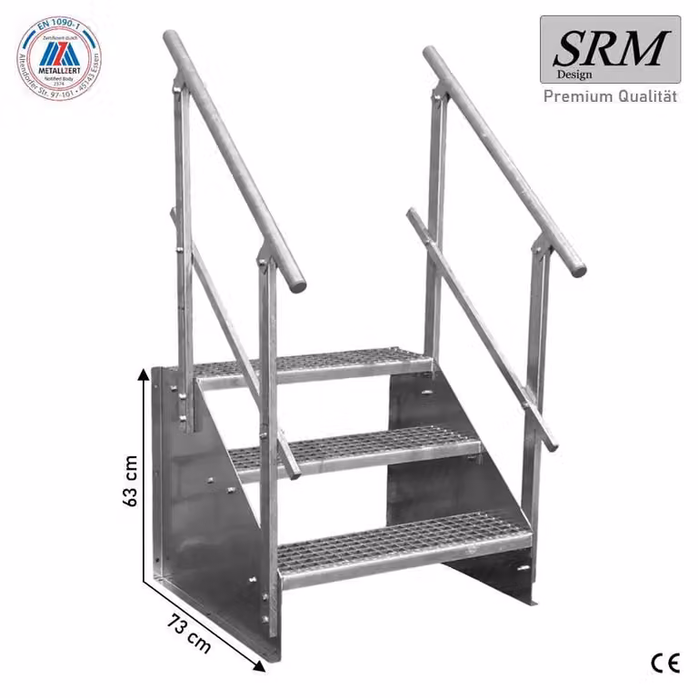 Scala a tre gradini, modello 1, zincata, larghezza 120 cm, altezza 63 cm. 2 corrimano angolari