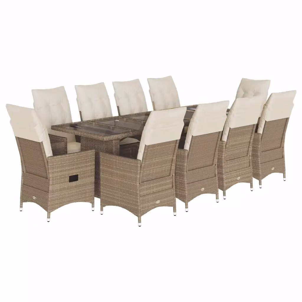 vidaXL Set Bistrò da Giardino 11 pz in Polyrattan Beige con Cuscini e Tavolo in Vetro – 2