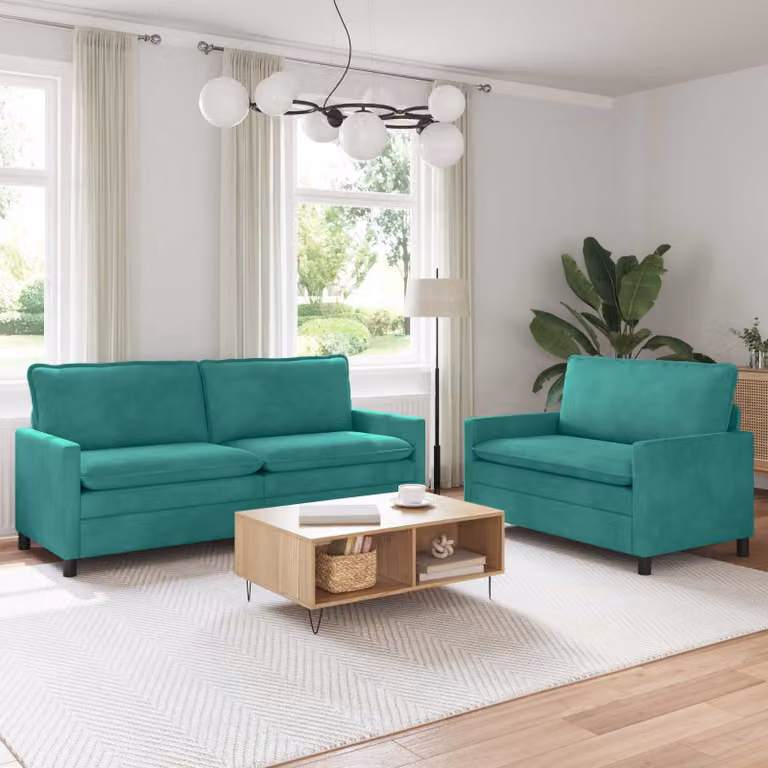 Set di 2 divani moderni vidaXL in velluto turchese con struttura in metallo e cuscini inclusi
