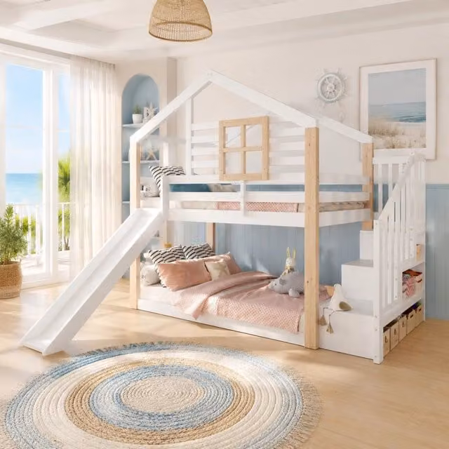 Letto a castello 90x200 cm bianco – con scivolo e contenitore, senza materasso