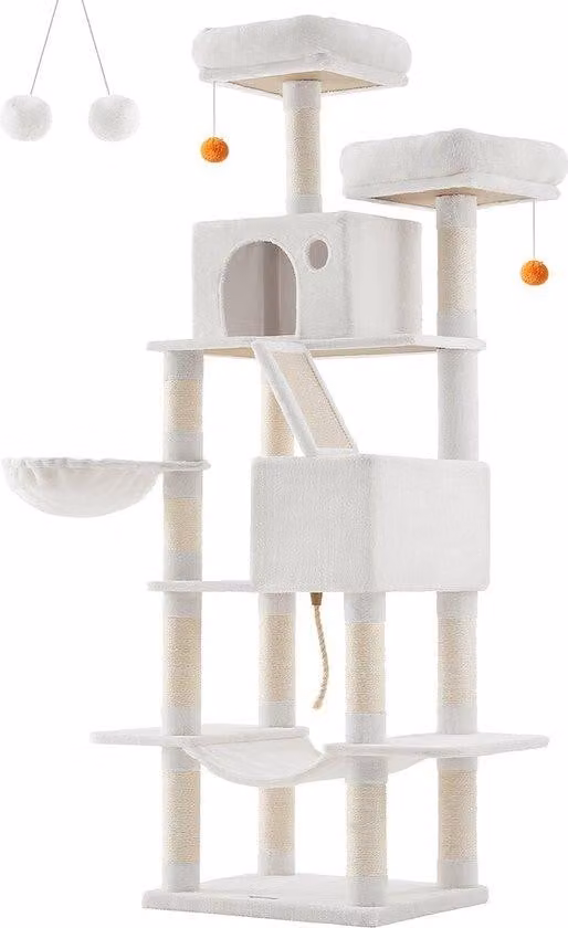 Tiragraffi grande Rootz - Albero per gatti - Torre da arrampicata - Truciolato - Peluche - Sisal - 60 cm x 50 cm x 206 cm, bianco crema