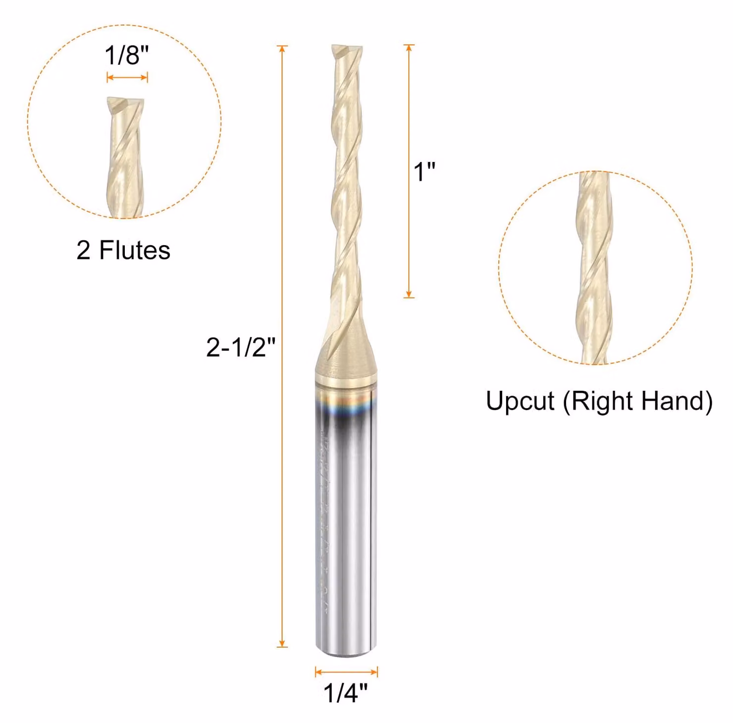Fresatura a spirale da 1/8 di pollice con rivestimento dorato, ideale per macchine CNC