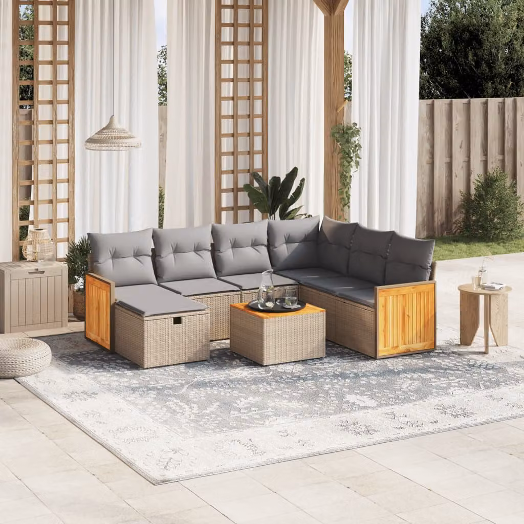 vidaXL Set Divano da Giardino 8 pz a Forma di L con Cuscini Beige e Grigio in Polyrattan e Acciaio – 1