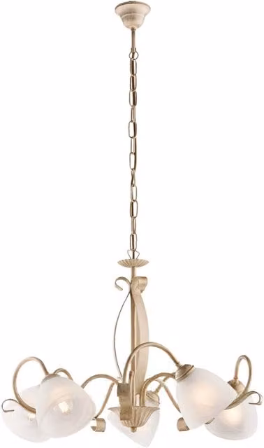 Lampadario Classico Belight in Metallo e Vetro con 5 Luci, Colore Oro e Bianco, Stile Rustico con Altezza Regolabile