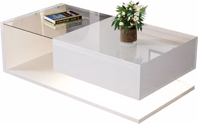 Tavolino da Salotto Bianco Lucido con Vetro ed Effetto LED, Set Tavolini