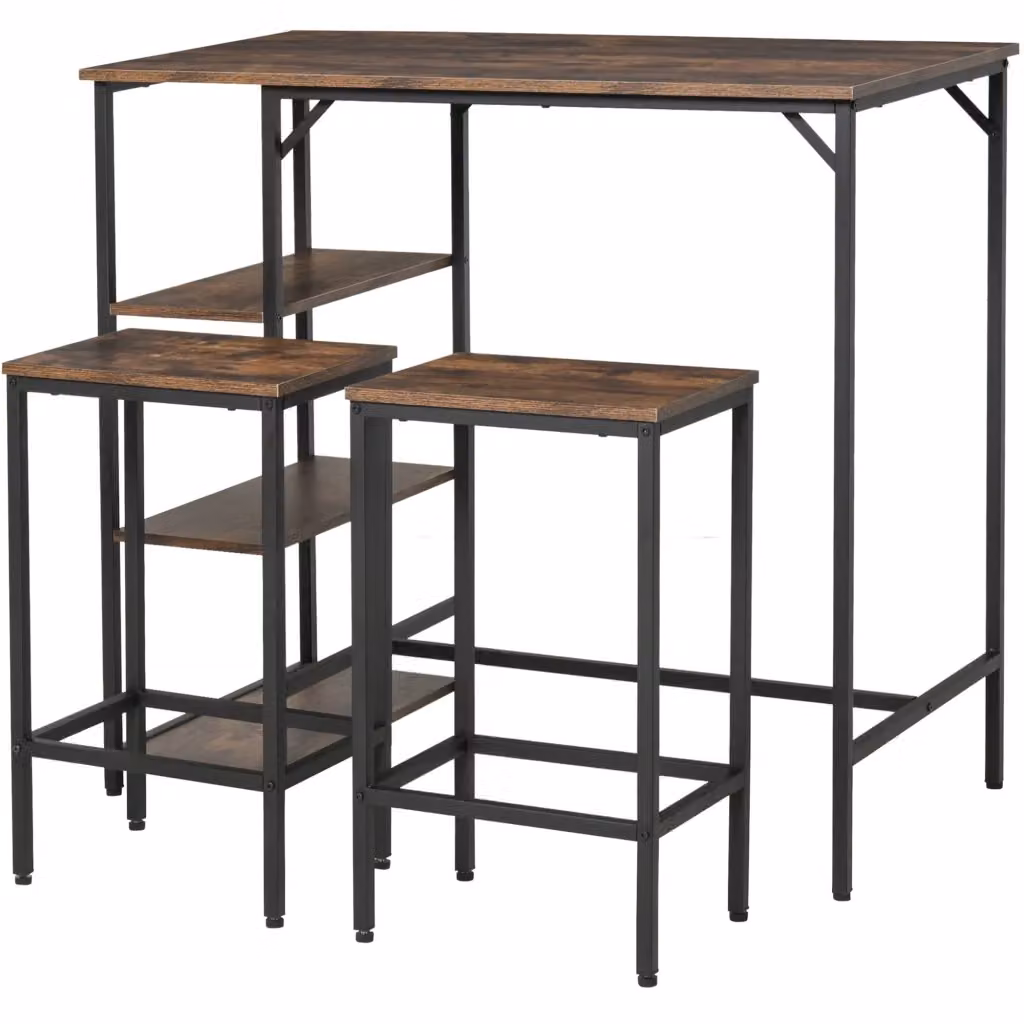 Set tavolo bar XYLO con 2 sgabelli in legno marrone rustico e metallo nero, L/P/H: 109 x 60 x 100 cm – 2