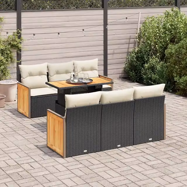 Set Divani da Giardino con Cuscini 7pz Nero Polyrattan Acacia 3327668