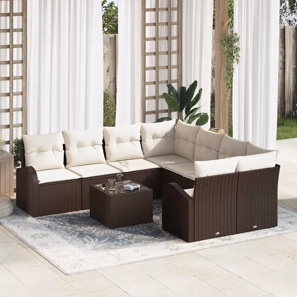 Set Divano da Giardino a L vidaXL 9 pz in Polyrattan Marrone con Cuscini e Tavolino – 1