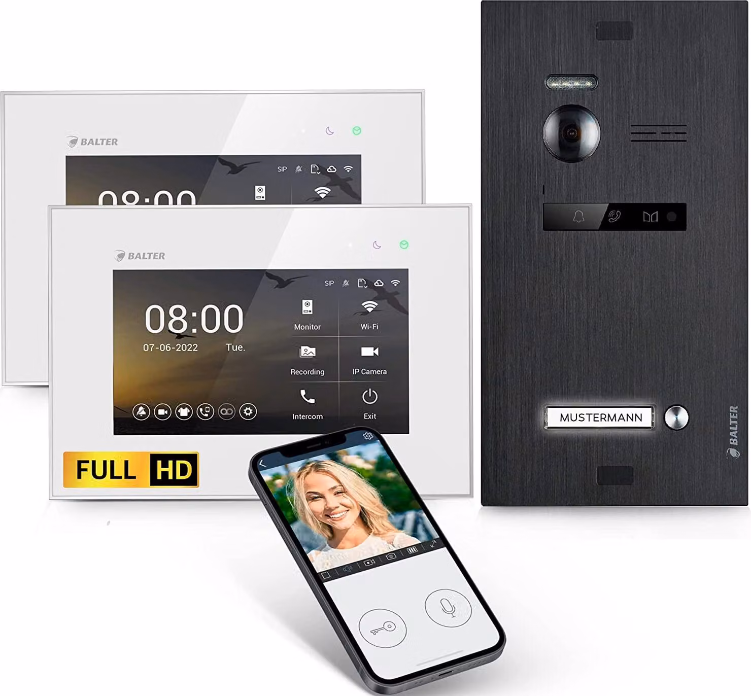 Videocitofono HD con app per smartphone per abitazioni monofamiliari, 2x monitor, Balter EVO HD WLAN nero