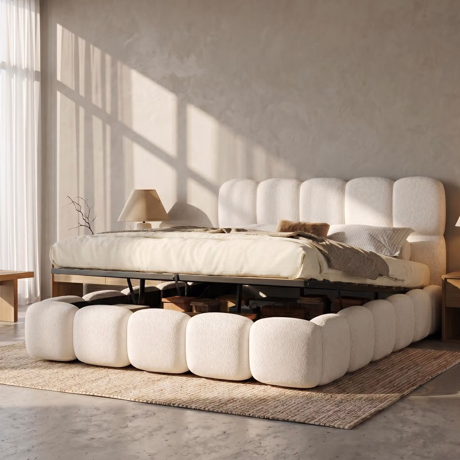 Letto imbottito idraulico Flieks 180x200 cm con contenitore, letto matrimoniale con contenitore e rete a doghe, letto per ragazzi in legno con testiera, bouclé, bianco