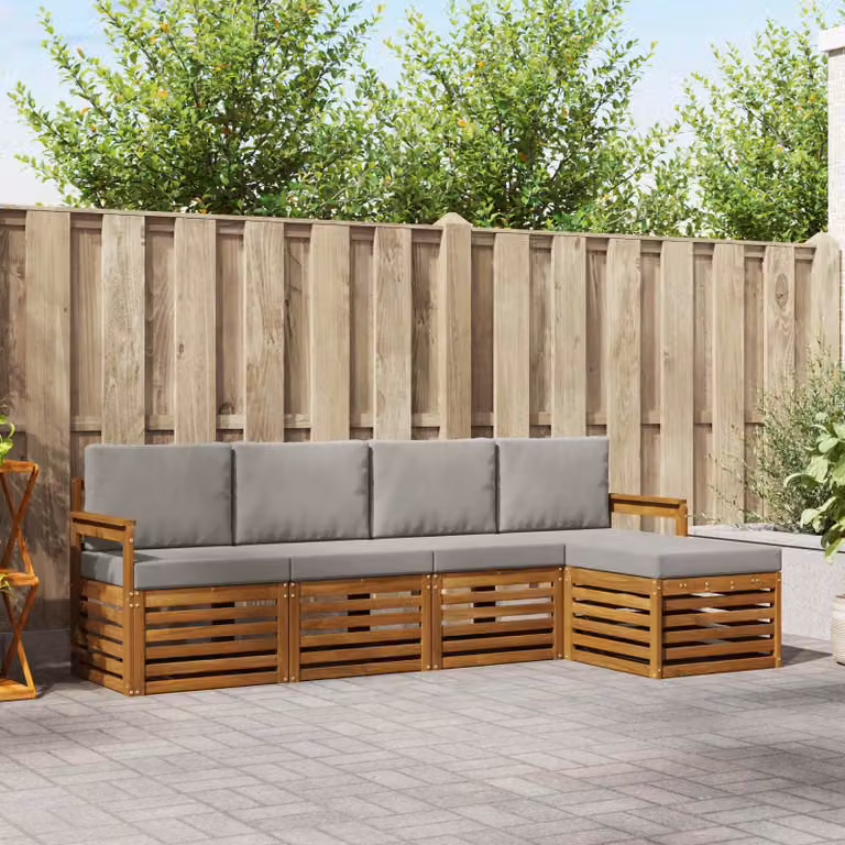 vidaXL Set di divani da esterno a L con pouf in legno di acacia, colore beige e grigio