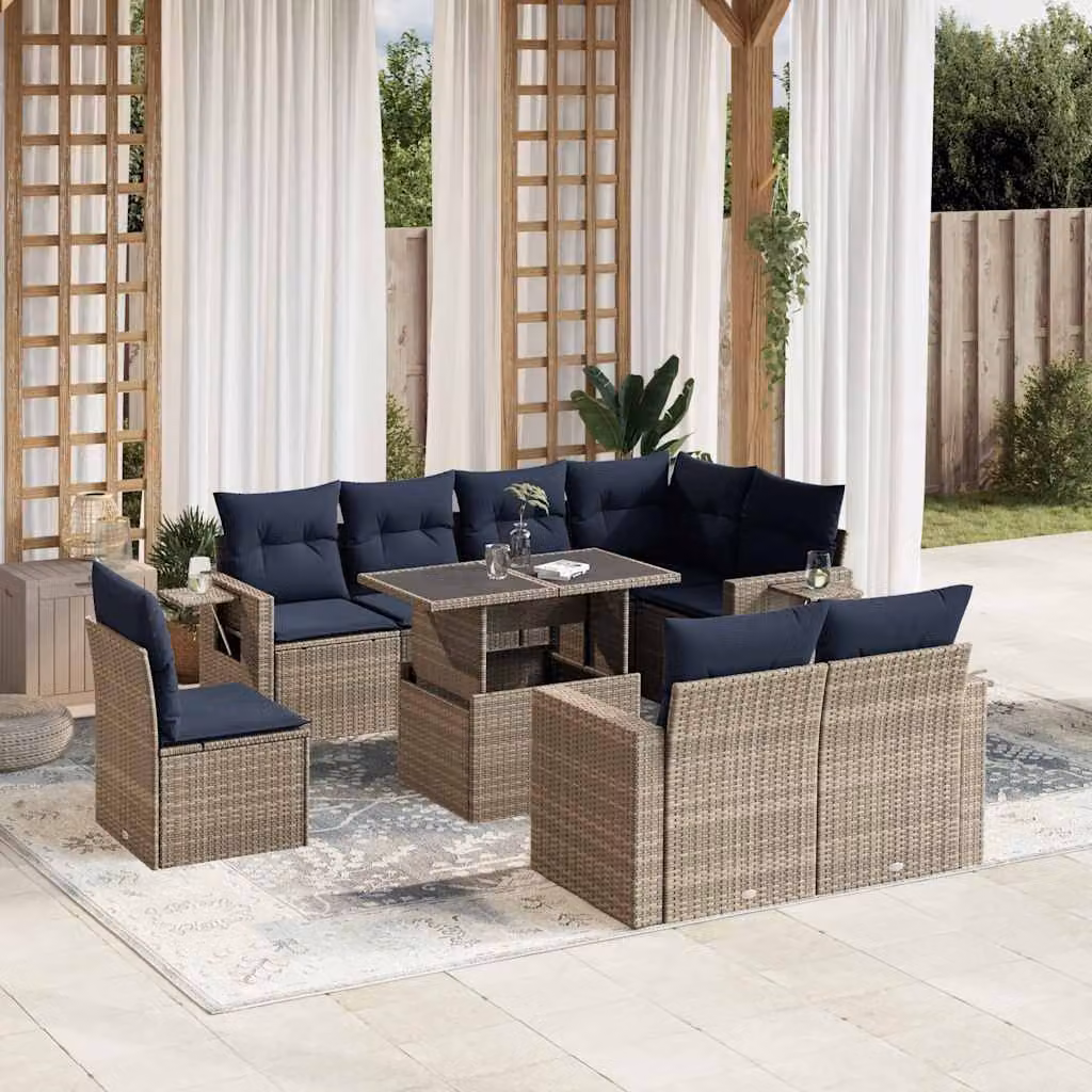 Set di divani da giardino vidaXL in polyrattan grigio con cuscini e tavolino da esterno a forma di L