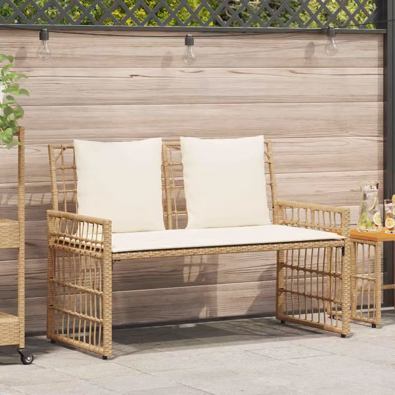 Panchina da esterno moderna vidaXL a 2 posti in rattan e metallo, colori beige, bianco e marrone, L: 116 cm, P: 55 cm, H: 82 cm