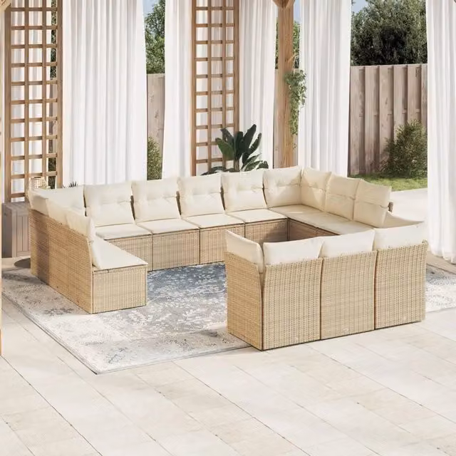 Set Divano da Giardino VIDAXL a Forma di U in Polyrattan con Cuscini Beige, 13 Pezzi – 1
