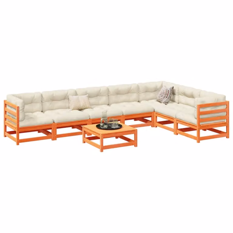 Set di divani da giardino vidaXL in legno massello di pino con cuscini marrone e beige, composizione a L con elementi angolari e pouf, 8 pezzi
