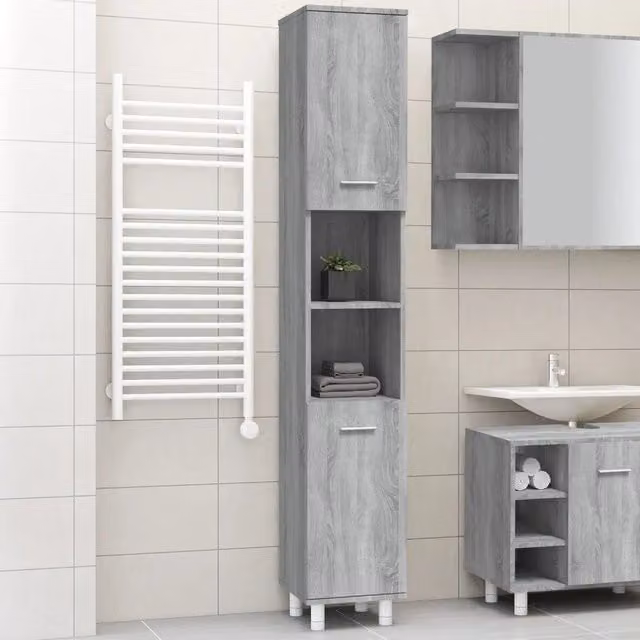 Armadietto da bagno moderno vidaXL in legno grigio con ante a battente e ripiani interni, sospeso, L: 30 cm, P: 30 cm, H: 179 cm