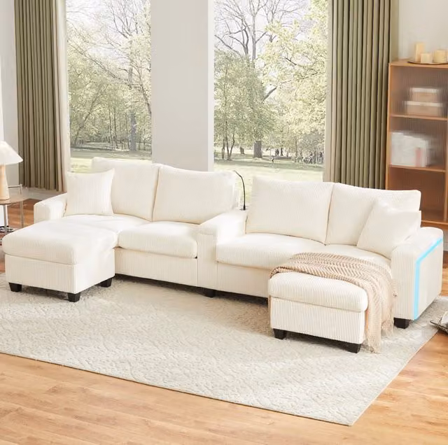 Divano a U in velluto a coste con 2 pouf; lampada; USB/Type-C e LED; beige