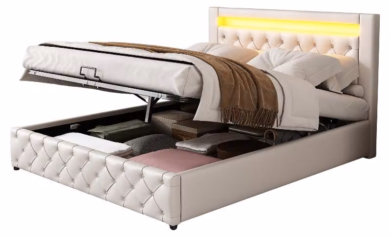 Letto imbottito 140x200 cm, bianco, in poliuretano, con spazio contenitore e illuminazione LED, ideale per la camera da letto