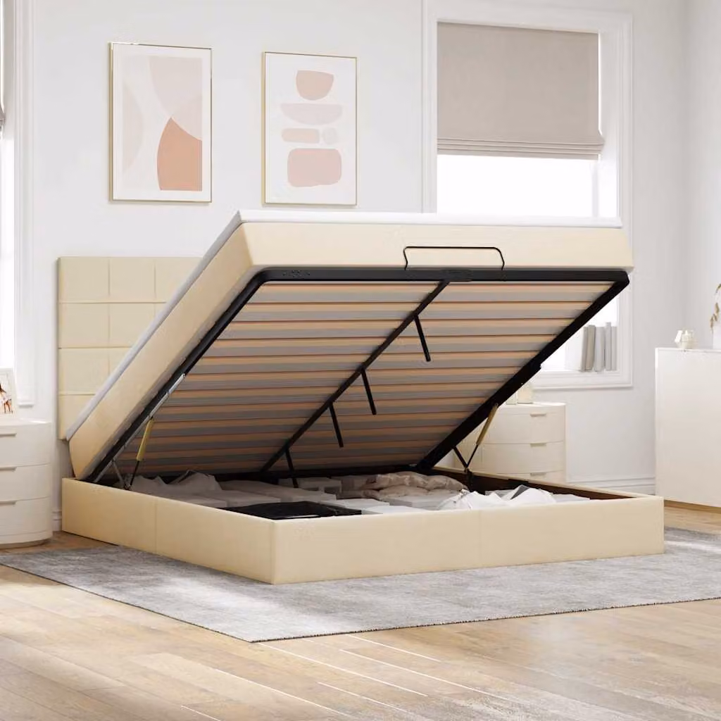 Letto matrimoniale moderno vidaXL con contenitore a sollevamento, materasso a molle e porta USB, colore beige e bianco, L: 180 cm, P: 200 cm, H: 203 cm