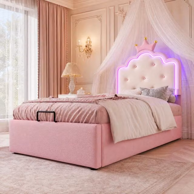 Letto imbottito per bambini 90x200 cm con rete a doghe, luce ambientale controllata a distanza, contenitore idraulico, colore rosa