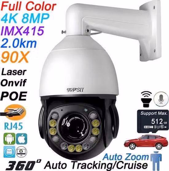 Telecamera di sicurezza IP - Risoluzione 4K - 8 MP, colore completo - Zoom ottico 90x - Telecamera PTZ a cupola