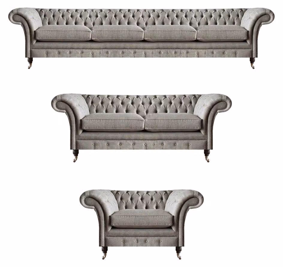 Chesterfield Hellgraue Stoffsofas Garnitur Wohnzimmer Polster Möbel