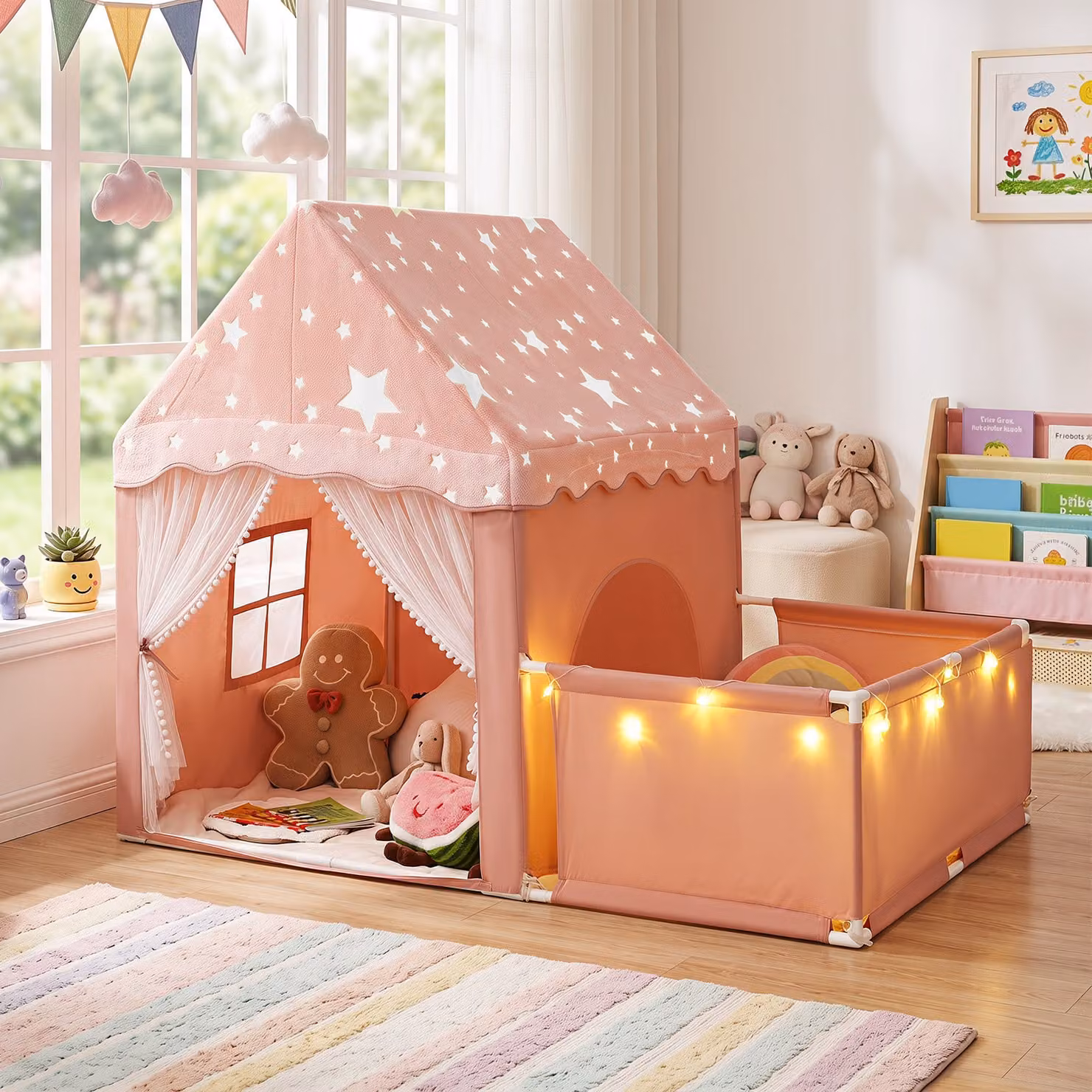 Tenda da gioco 2 in 1 Costway per bambini con recinto e luci a stelle, colore rosso, in cotone