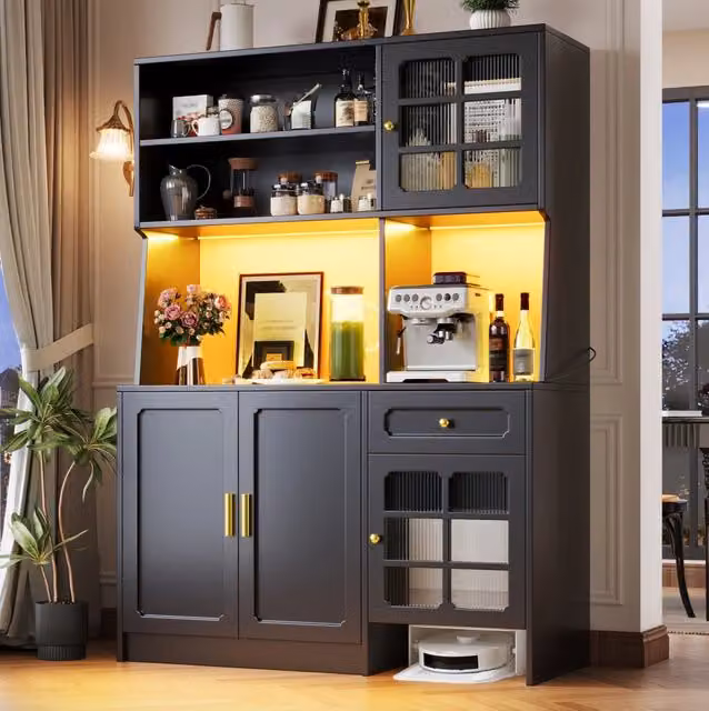 Mobile da cucina nero opaco con ante in vetro e illuminazione integrata L/P/H: 130 x 45 x 180 cm