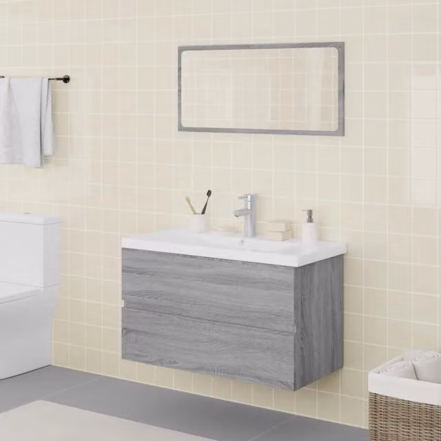 Set di mobili da bagno moderno vidaXL con mobile sottolavabo e armadietto specchio in legno e plastica, colori grigio e bianco, L/P/H: 80 x 39,5 x 45 cm