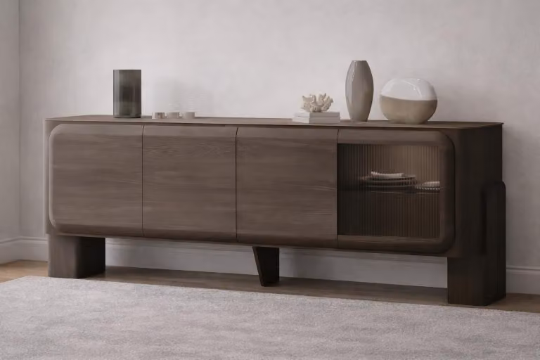 Mobiletto laterale marrone elegante, credenza contemporanea, mobile per il soggiorno