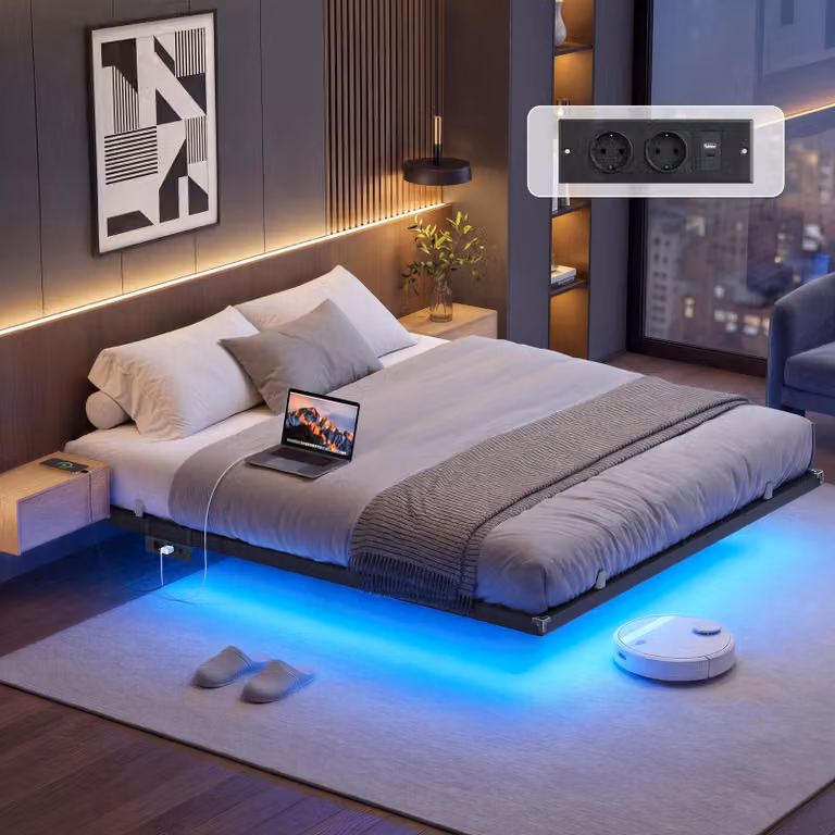 VASAGLE, struttura letto 160 x 200 cm, effetto sospeso, illuminazione LED