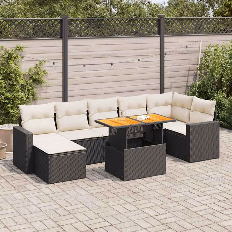 Set di divani da giardino vidaXL in polyrattan e legno di acacia oliato con 8 cuscini, colore nero e bianco