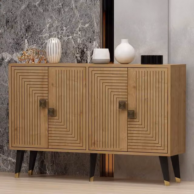 Madia DMORA Thiene in legno color rovere marrone con dettagli oro, design moderno per soggiorno e cucina, L 120 x P 30 x H 80 cm