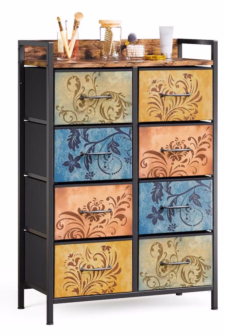 Comodino con 8 cassetti, rivestito in tessuto, struttura in metallo, motivo floreale vintage, colore marrone vintage, dimensioni 66,5 x 30 x 105,5 cm