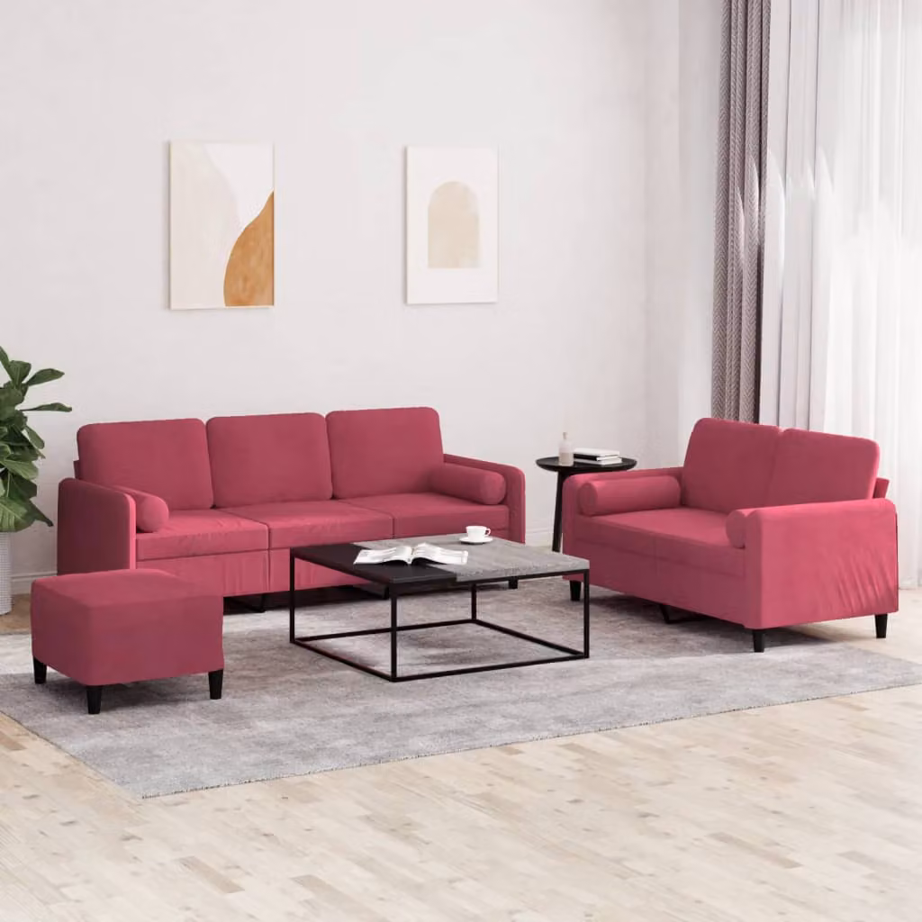 Set di divani vidaXL in velluto rosso composto da divano a 3 posti, divano a 2 posti e pouf con cuscini inclusi – 1