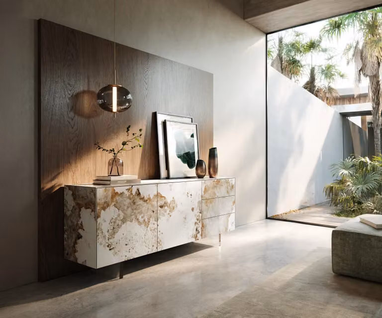 Mobile contenitore laterale DELIFE modello Cuor, 180 cm, con piano in Vetroceramica Minas Melange bianco-beige, 2 ante, 3 cassetti, base che crea un effetto sospeso, realizzato in acrilico
