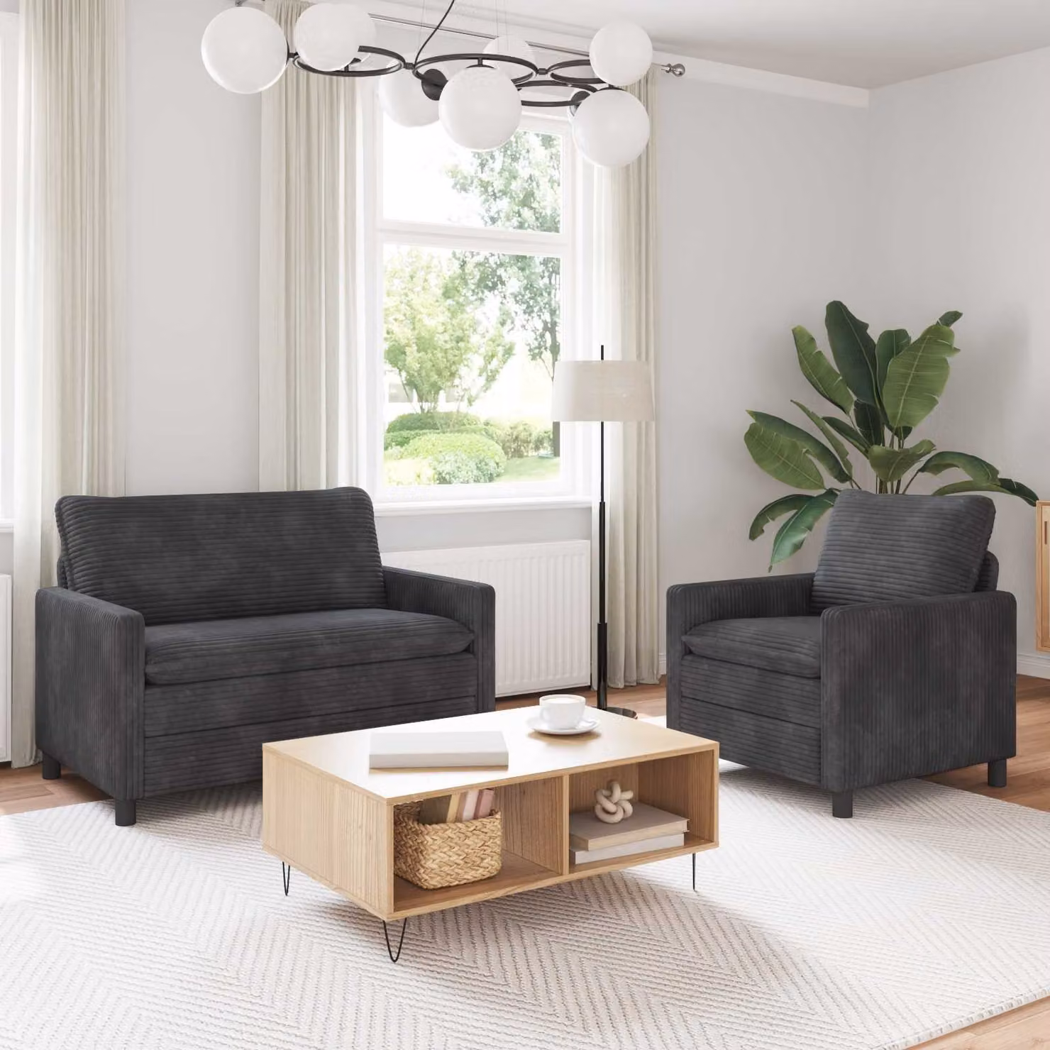 Set di 2 divani moderni vidaXL in tessuto grigio e nero con struttura in metallo e cuscini inclusi