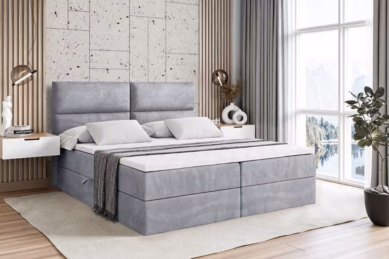 Letto boxspring ALTDECOR con materasso H4 e topper - 180 x 200 cm - BOXI3 - Velluto grigio chiaro - Letto imbottito con contenitore e rete a doghe, letto con spazio contenitivo