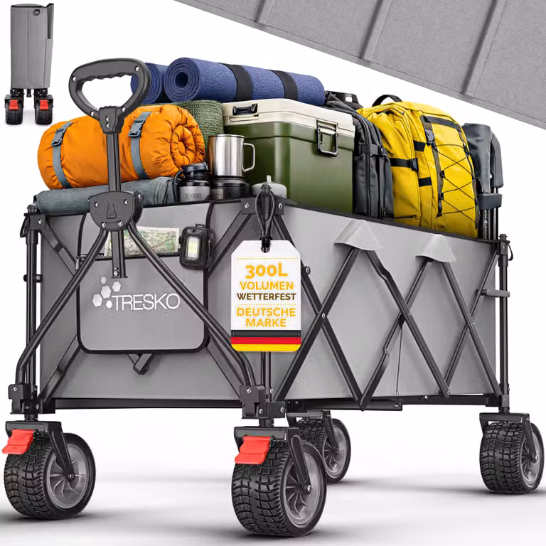 Carretto pieghevole TRESKO® da 300 litri con freno, grigio | Carrello pieghevole da 150 kg con ruote in gomma piena | Carrello da spiaggia pieghevole con ruote fuoristrada extra larghe | Carrello da giardino con borsa per il trasporto inclusa