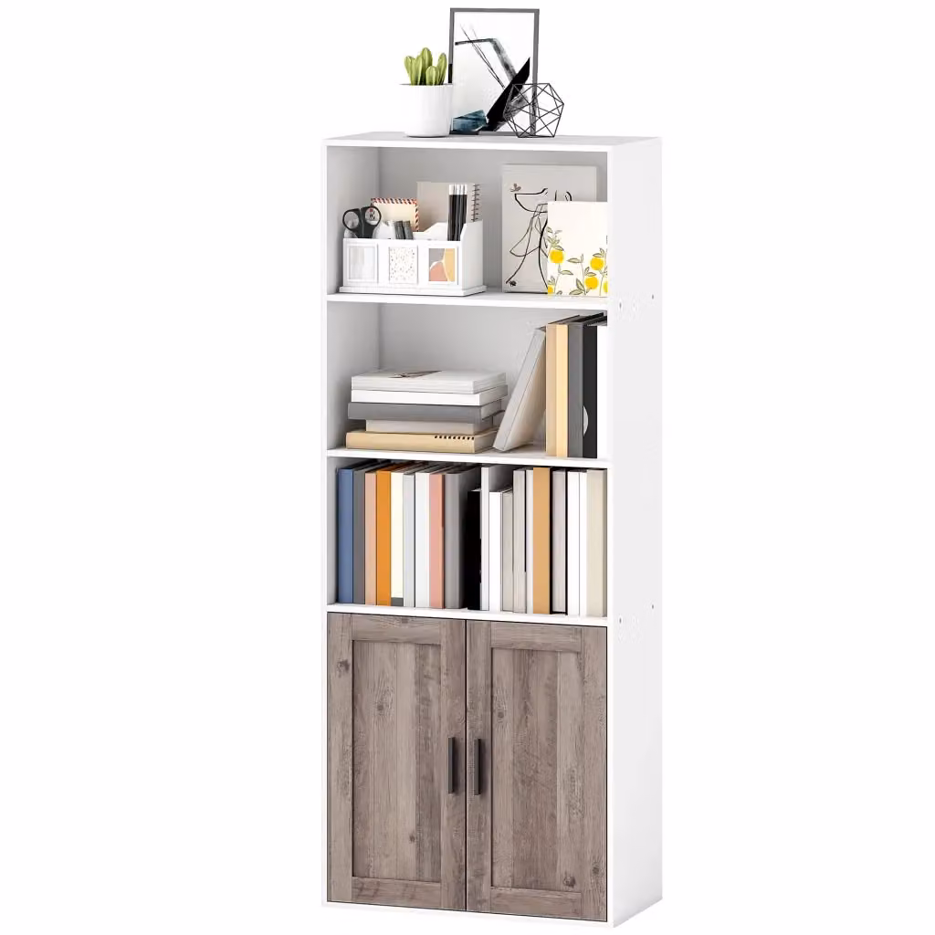 Libreria Minimal con Ante e Scaffale Aperto Bianco e Marrone L 60 x P 30 x H 149,5 cm – 2