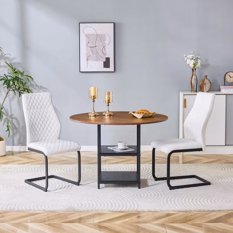 Tavolino rotondo da 60 cm, in MDF, con finitura termoformata, effetto legno, e base in metallo (disponibile nelle finiture noce, bianco e nero)